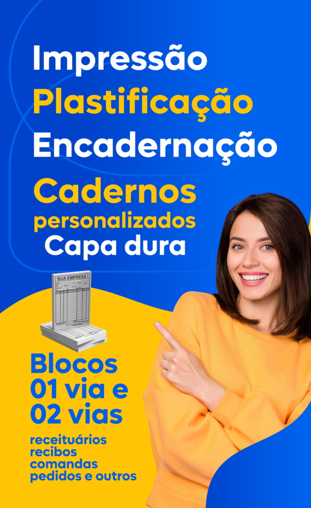 Impressão, plastificação, encadernação, cadernos de anotação com capa dura, blos receituário, recibos, comandas